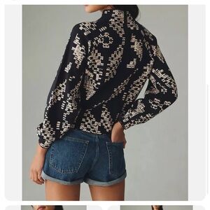 Anthropologie Beatriz Mock Neck Sweater Womens Small S Geometric Boho Navy